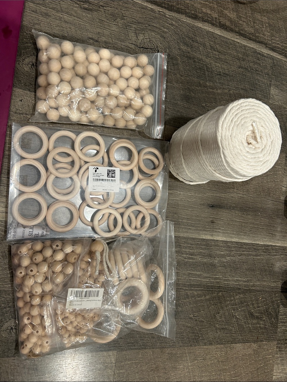 Wood beads and cord for macrame ornaments